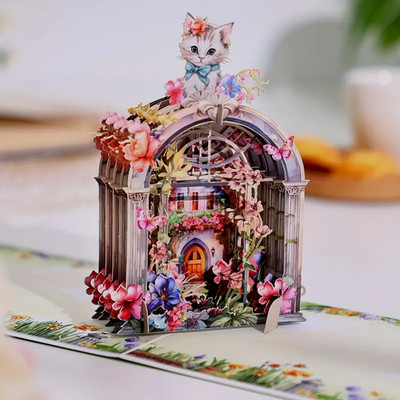 3D Pop-Up Greeting Card, Env., Note Card, & Seal for Any Occasion -Cat on Garden
