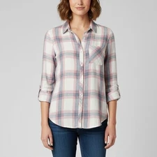 Rails Hunter Plaid Button Down Shirt White and Peony Pink Rayon Size Small