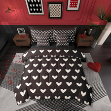 Black White 7 Pcs Comforter Set King Bed in a Bag,Cute Heart Pattern Bedding Set