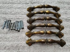 Vintage Lot of 6 Brass Cabinet Drawer Pulls Handles 4.5" Screws Included.