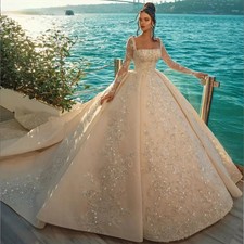 Customized Satin Square Collar Ball Gown Wedding Dresses Full Sleeves Beading