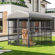 HOOBRO Outdoor Dog Kennel Dog Kennel Outside w/ Roof and Rotating Feeding Bowls