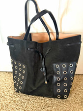Tory Burch Large Black Tote Drawstring Grommet Silver Hardware Double Handles