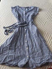 LOFT Blue & White Striped Midi Length Belted Button Down Dress Sz 2