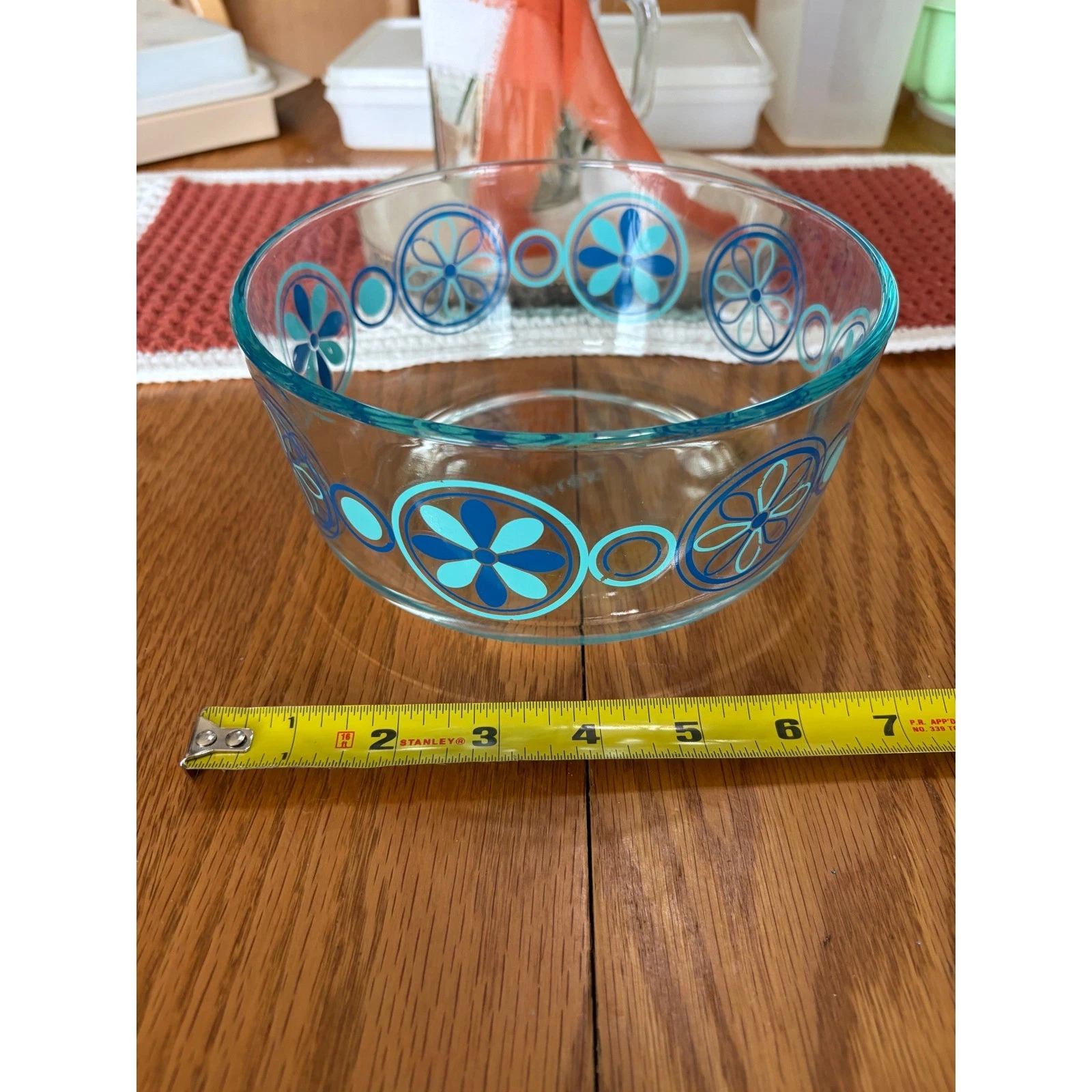 Pyrex 7203 Blue Floral Glass Bowl 7 Cup Round Storage Mixing Bowl Made in USA