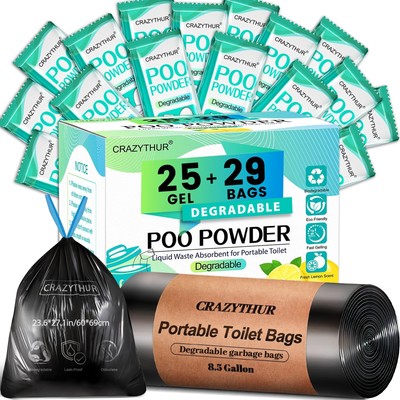 29PCS Portable Toilet Bags with 25PCS for Poo Powder Set, 8.5 Gallon Camping ...