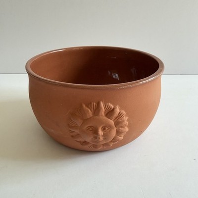 Vintage Terracotta Bowl Sun Face Motif Boho Southwestern Pottery Planter Bowl