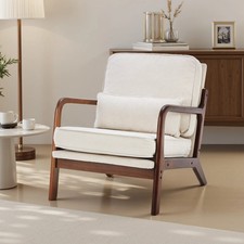 White Mid Century Modern Accent Chair,Fabric Reading Chair w/ Solid Wood Frame