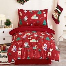 Christmas Comforter Set-Bedding Set, Red Snowman Elk Xmas Tree Pattern Comfor...