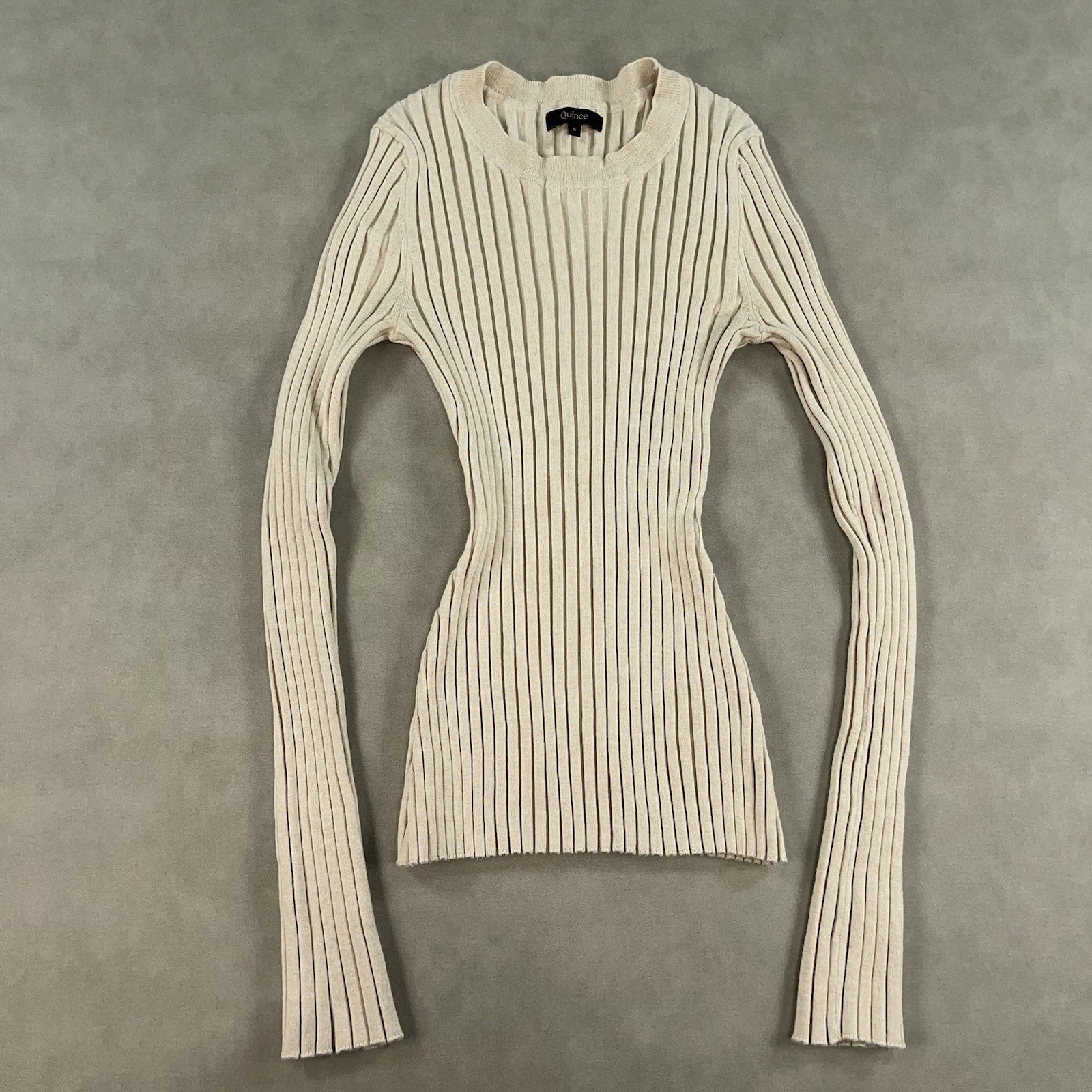 Quince Womens Cotton Cashmere Ribbed Long Sleeve Sweater Cream Sleeved Top Small