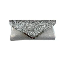 Womens Silver Glitter Evening Clutch Envelope Handbag Detachable Chain Purse NEW