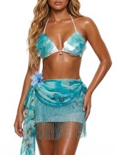 Mermaid Scale Sequin Halter Bikini Top & Fringe Sarong Set Teal Beach