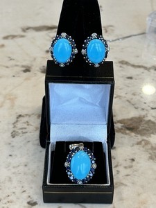 Turquoise Sapphire Diamond Omega Earrings Pendant 3 Piece Set Vintage Silver