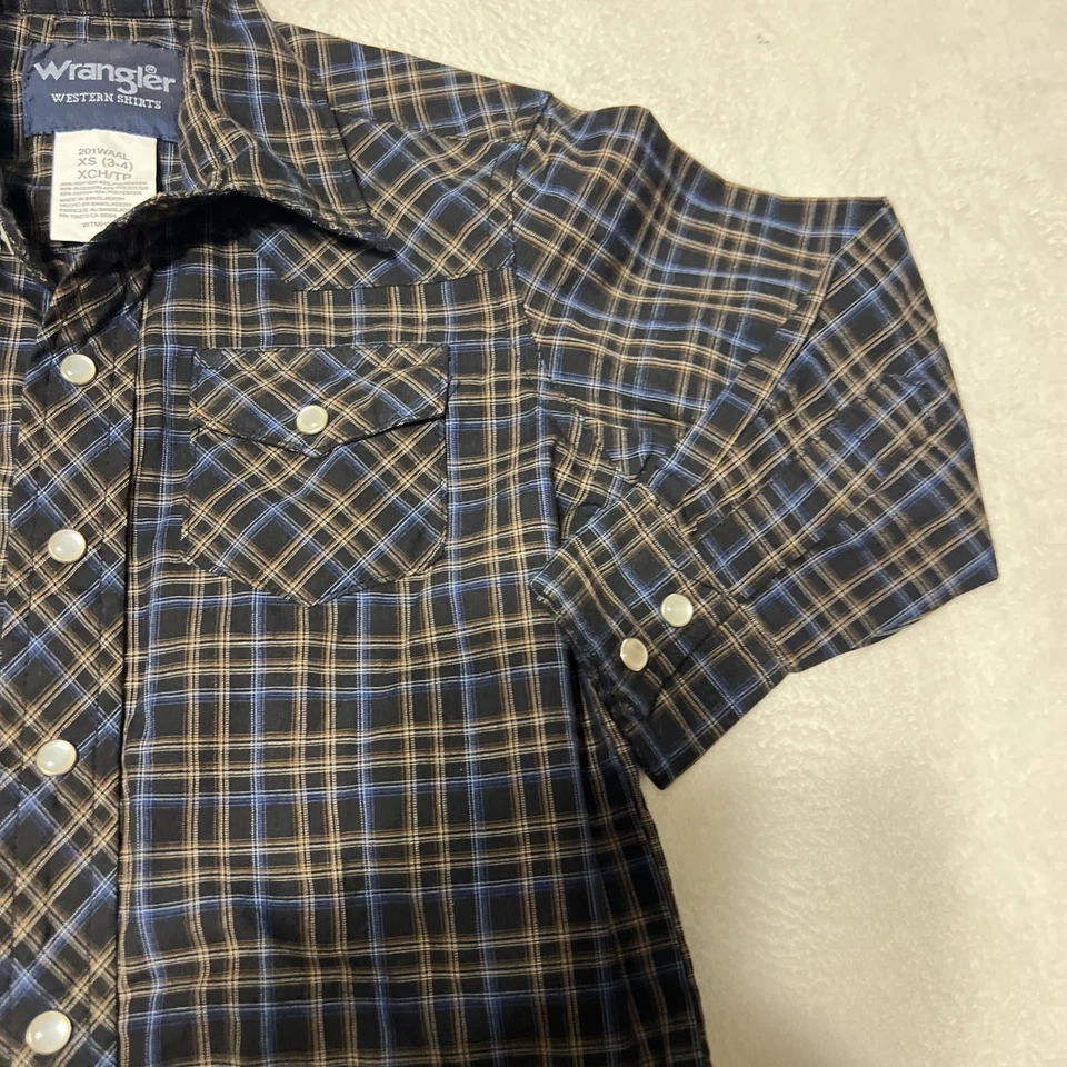 WRANGLER 西部蓝色格子珍珠扣衬衫 男孩 XS 3-4 牛仔牛仔牛仔牛仔牛仔牛仔竞技 — 第 4/4 张图片