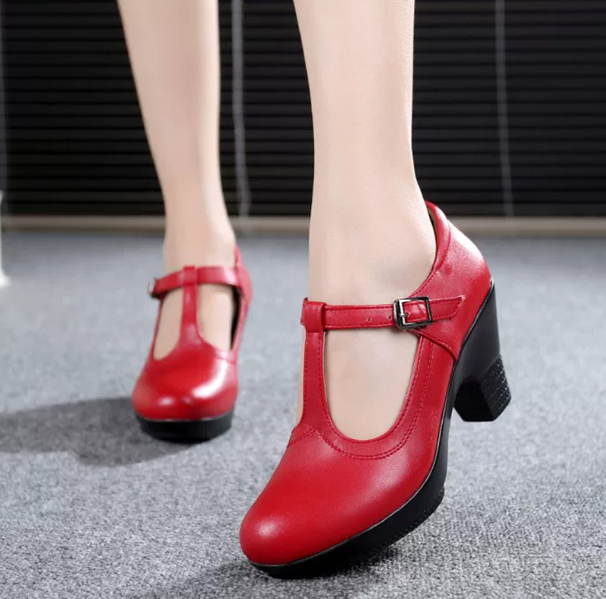 Zapatos de salón retro Lolita Mary Jane de cuero con hebilla en T de tacón grueso medio para mujer