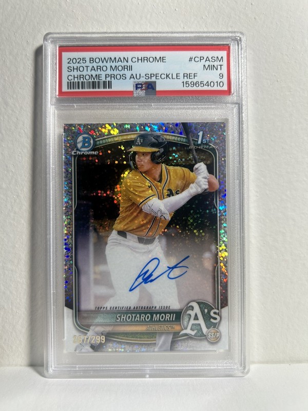 2025 Bowman 1st Chrome #’d /299 Shotaro Morii PSA 9 Speckle Refractor Auto (RC)