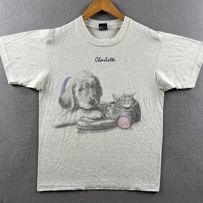 Vintage Cat Dog Shirt Mens Large Gray 80s Single Stitch Cute Fairy Grandmacore