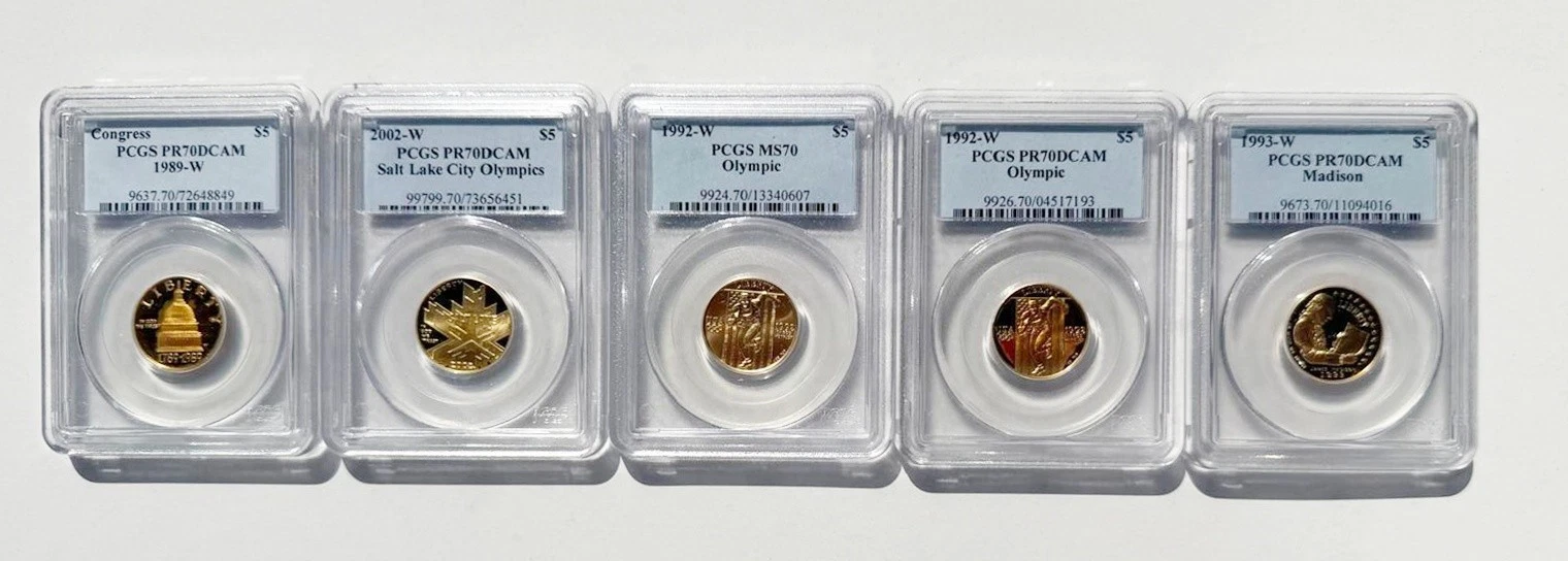 Lot of five (5) modern United States $5 Gold Commemorative coins PCGS 70 MS/PR