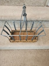 Rectangle Metal Basket with Handle and Wicker Bottom-Silver Scroll