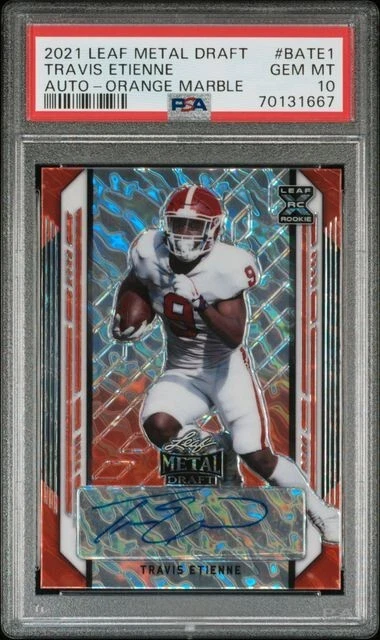 Travis Etienne Leaf Metal Draft Autographs #BATE1 Orange Marble