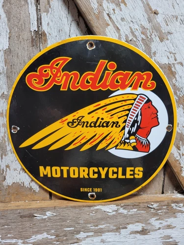 VINTAGE INDIAN MOTORCYCLE PORCELAIN SIGN GAS BIKE DEALER SALES SERVICE GARAGE 12