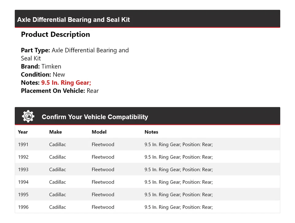 For 91-96 Cadillac Fleetwood Axle Differential Bearing and Seal Kit Rear Timken - Image 2 of 3