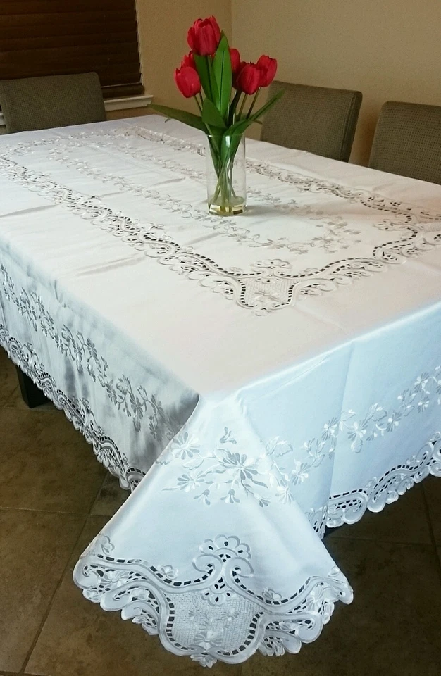 White 72x108" Embroidery Floral Cutwork Embroidered Tablecloth Wedding Church - Image 3 of 4