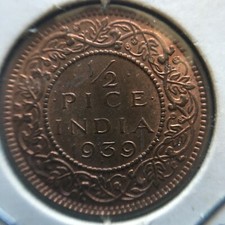 India-British 1939B 1/2 Pice BU Brilliant Uncirculated Y-49A A390