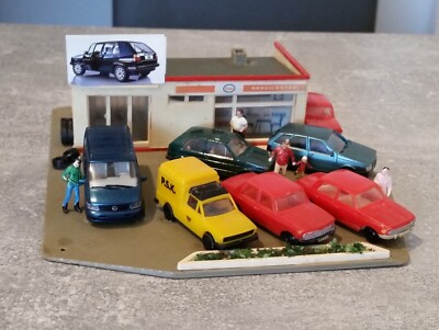 Diorama alte Tankstelle Autohandel mit Beleuchtung H0 / TT