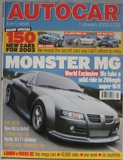 Autocar magazine 1/1/2003 featuring MG SV, Ford Focus RS, Lamborghini Murcielago