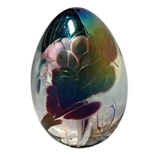 Art Glass  MSH 1982 Egg Shaped Paperweight Iridescent 2-1/2" Floral Leaf