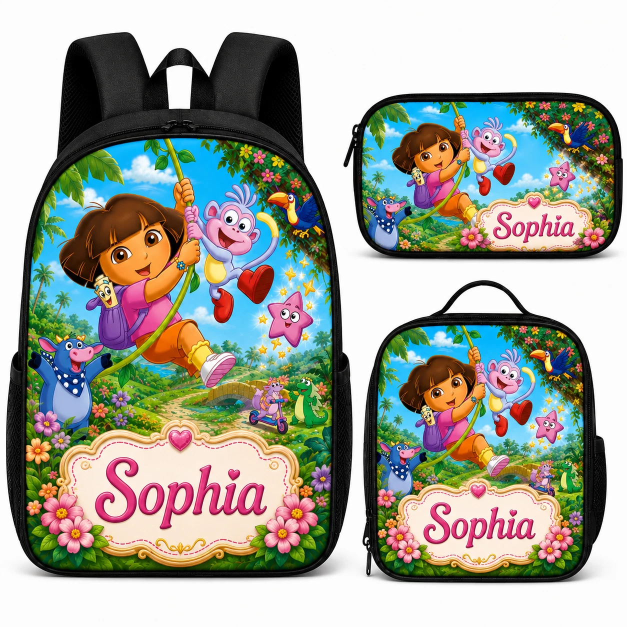 Personalized Adventure Girls Backpack Set, Custom Name School Bag, Lunch Bag & P