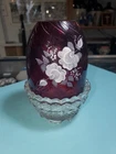 Fenton Ruby Red Hand Painted Floral Fairy Lamp - SIGNED L. Everson