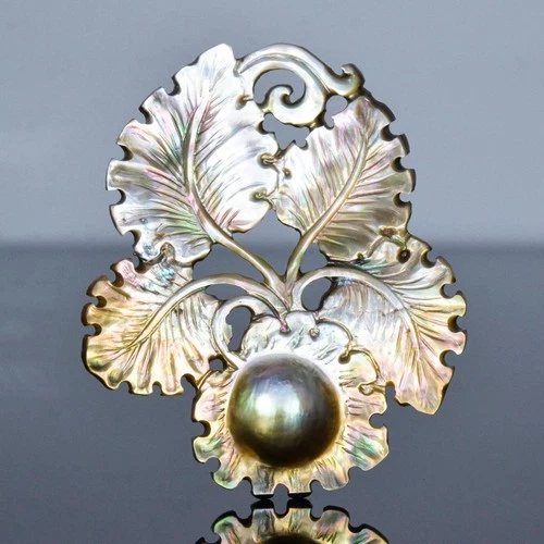 Mabe Blister Pearl Tropical Leaf Carved Pendant Handmade Jewelry Supply 16.27g