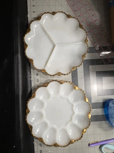 Vintage Anchor Hocking Milk Glass Deviled Egg & Relish Plate Set Gold Trim 10”