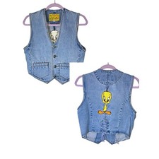 Vintage 90s Tweety Bird Embroidered Denim Vest Size S Looney Tunes