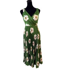 Womens Pleated Green Floral Midi Satin Dress Size 8 Surplice Feminine Flowy