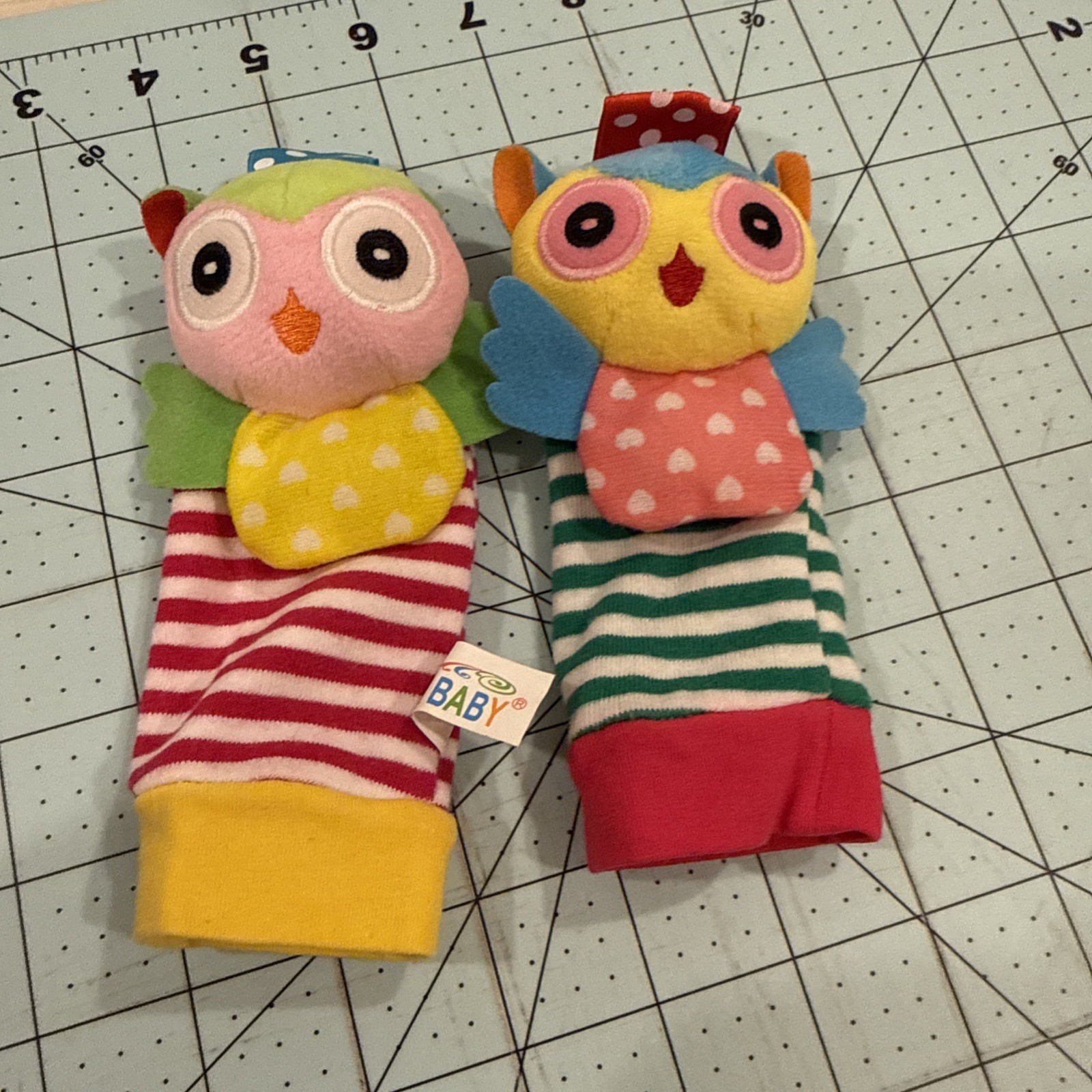 Newborn Infant Items Wrist Rattles Owls With Tags On Top Socks