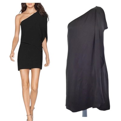 Halston Heritage Kleid schwarz Seide Mini One Shoulder Rüschen Netz A Porter Gr. S