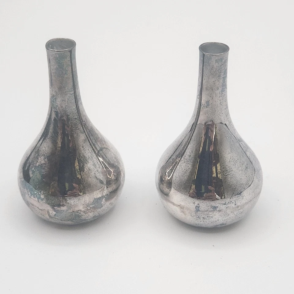 Par de mini jarrones de colección Dansk Designs JHQ placa plateada sin usar con caja lágrima MCM Foto 2 de 4