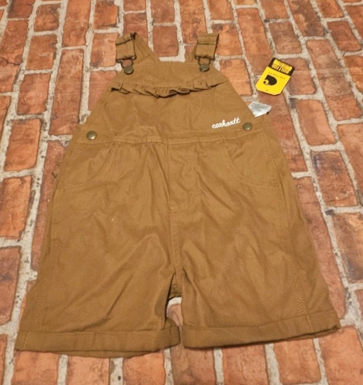 Carhartt Girls 3T NWT Canvas Ruffle Front Shortall Brown Bib Overalls Shorts