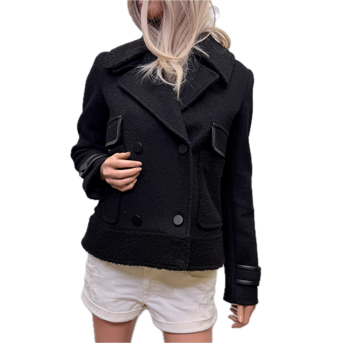 Emporio Armani Double-Breasted Bouclé Jacket Faux Leather Trim Pea