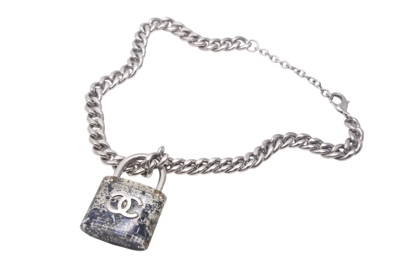 Collana CHANEL Cadena Catena Marca Coco Argento Inciso 14K Resina Trasparente Gp Usata 4