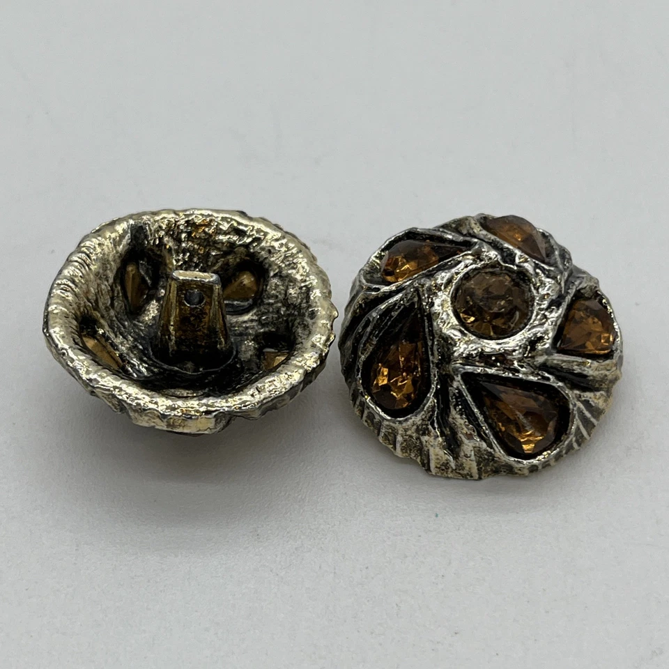 2 Vintage Amber Rhinestone Antiqued Gold Tone Domed Coat Buttons - Image 2 of 4