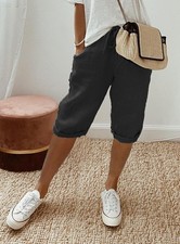 Ladies Bermuda Shorts Solid Color Knee Length Short Pants Women Drawstring Beach