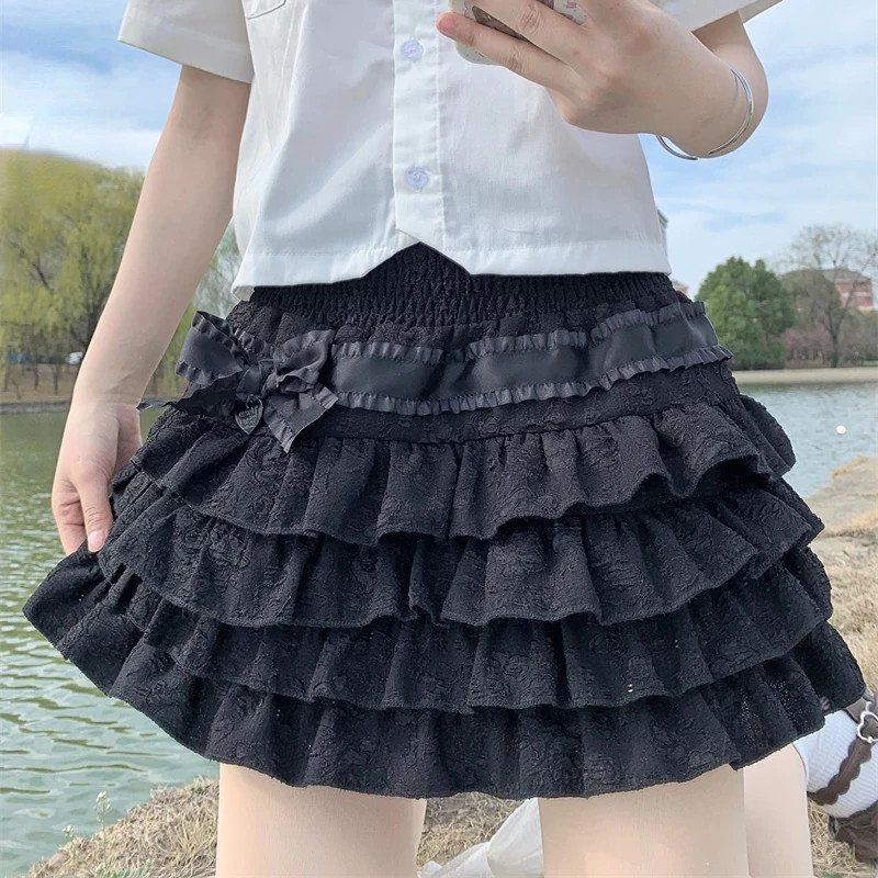 Japanese Style Kawaii Lolita Mini Skirt Women Gothic High Waist Ruffle Tiered Sk