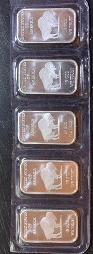 5 - 1 oz Silver LIBERTY Indian/Buffalo Bars .999 in Protective Sleeve