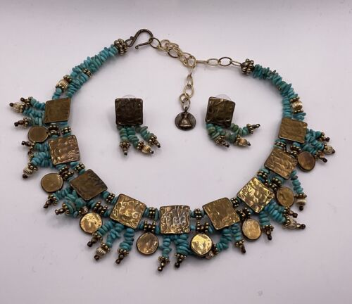 Mummy’s Bundle By Doug & Mary Hancock Bronze & Turquoise Necklace & Earrings Set - Picture 1 of 8