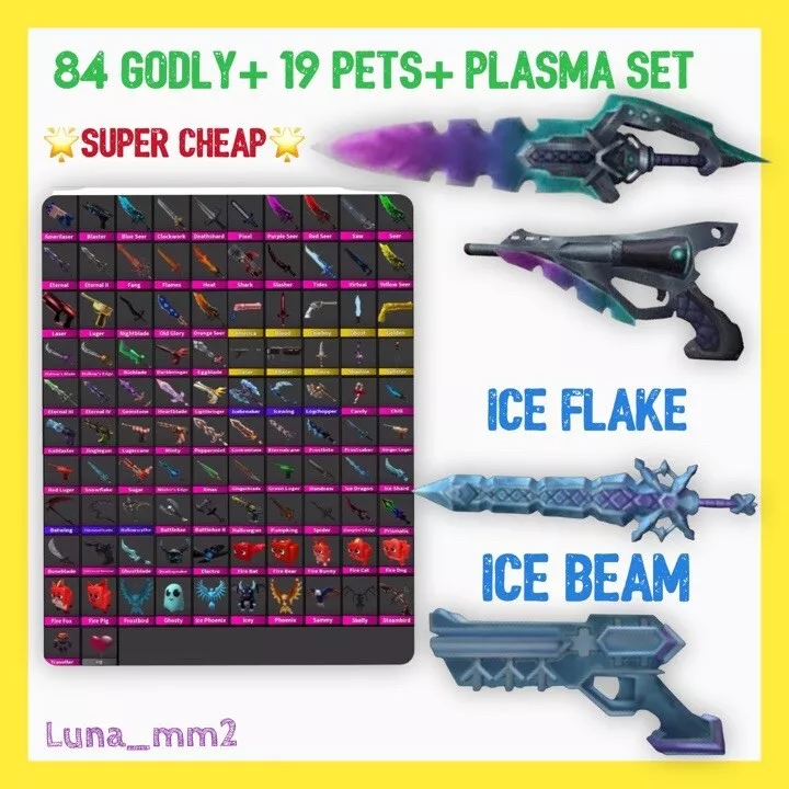 Roblox Murder Mystery 2 MM2 Iceflake Set Godly Knifes and Guns