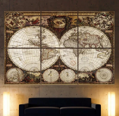 WELTKARTE ANTIK Abstrakt Leinwand Bilder Braun Schwarz Kunst Druck Wandbild XXL - Bild 1 von 4